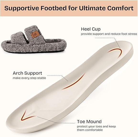 Women's Cozy Fuzzy Flat Slippers | Warm Fluffy Faux Fur Bedroom Sandal | Memory Foam & Non Slip Sole Home Footwear for Winter