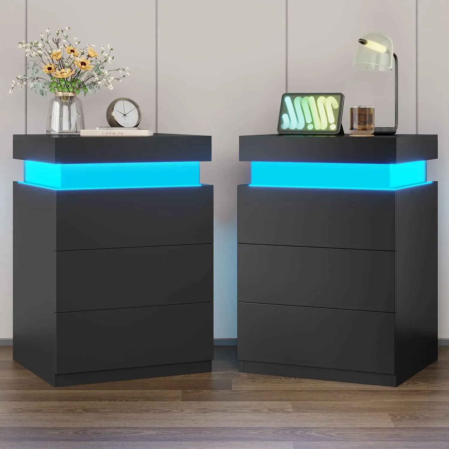 SIKAIC 2PCS Modern Wood Bedside Tables - Bedside Cabinets with Drawer, LED Lights, Charging Station, Sliding Top, 2 USB Ports, Storage, Home Decor, Cool Room Decor, Apartment Stuff, Furniture for Room,dorm essentials