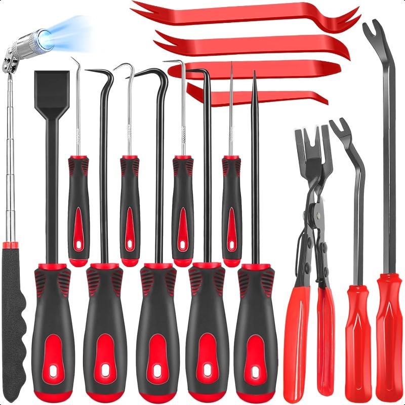 17pcs Telescoping Magnetic Pickup Tool Set with Extendable Neck Hook & Pick Tools for Car Trim Removal Scraper Auto Clip Remover Fastener Rivets Puller Mechanic Automotive Tools Kit