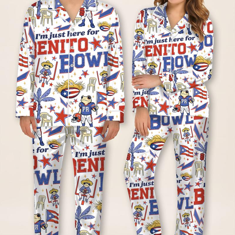 Benito Bowl Pajamas, Funny Graphic Football Fan PJS, Halftime Show Pjs, Big Game Fan Pajamas