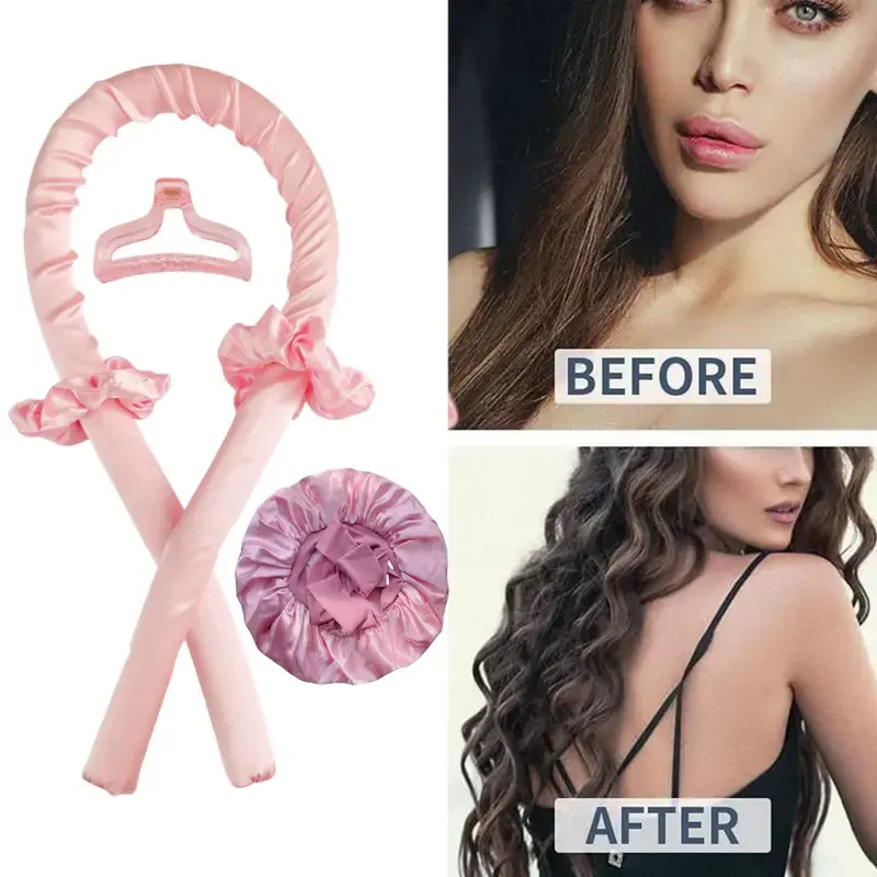 Pink Satin Heatless Curler Styling Set - Curling Rollers, Scrunchie, Bedtime Hair Styling Tool for Easy Curls & Natural-Looking Enhancement