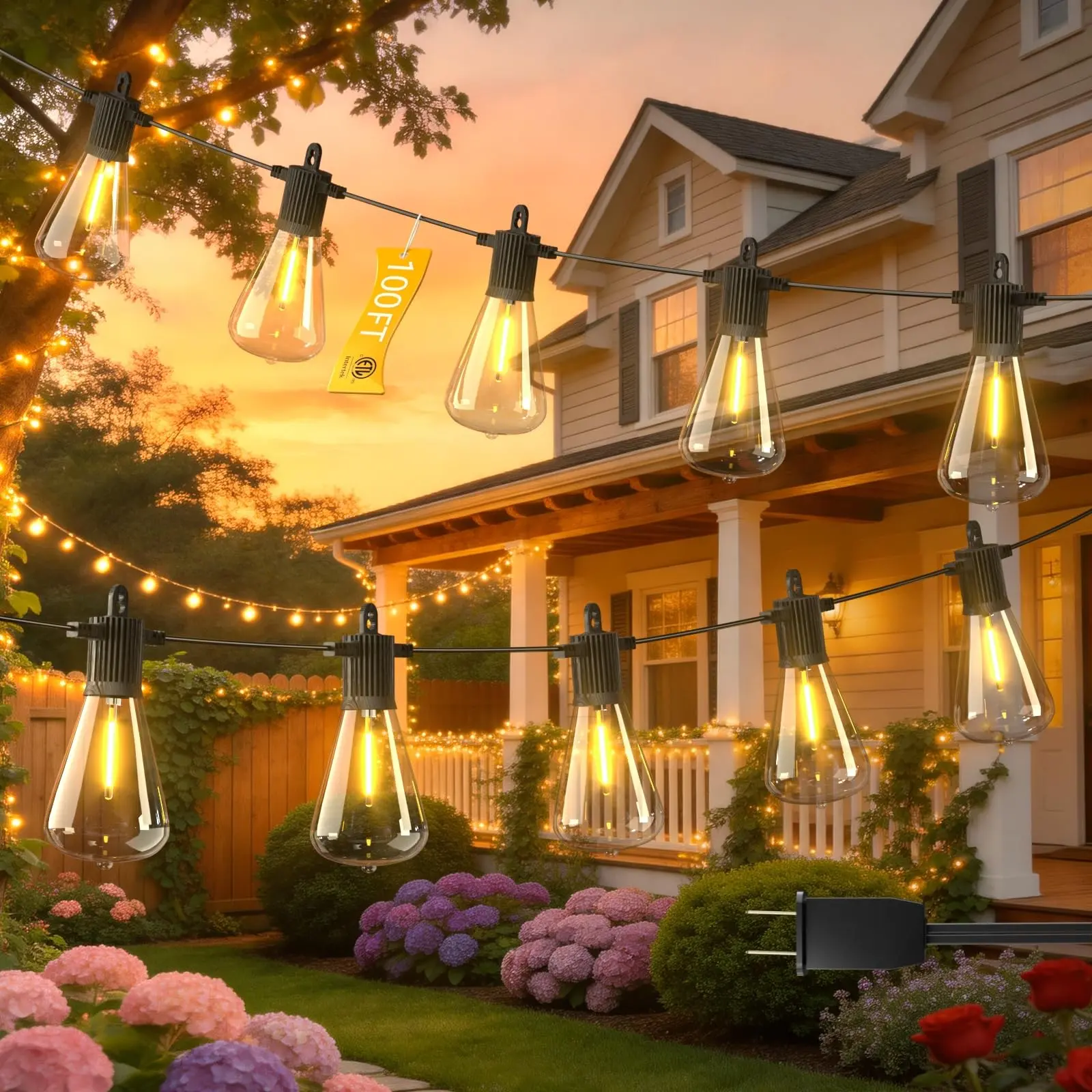 BEATINEON LED Outdoor String Lights 100FT, Waterproof Patio Lights with 52 (50+2 Spare ST38 Shatterproof Replaceable Bulbs), Connectable Dimmable Outside Hanging Light for Porch Garden Deck Bistro Backyard