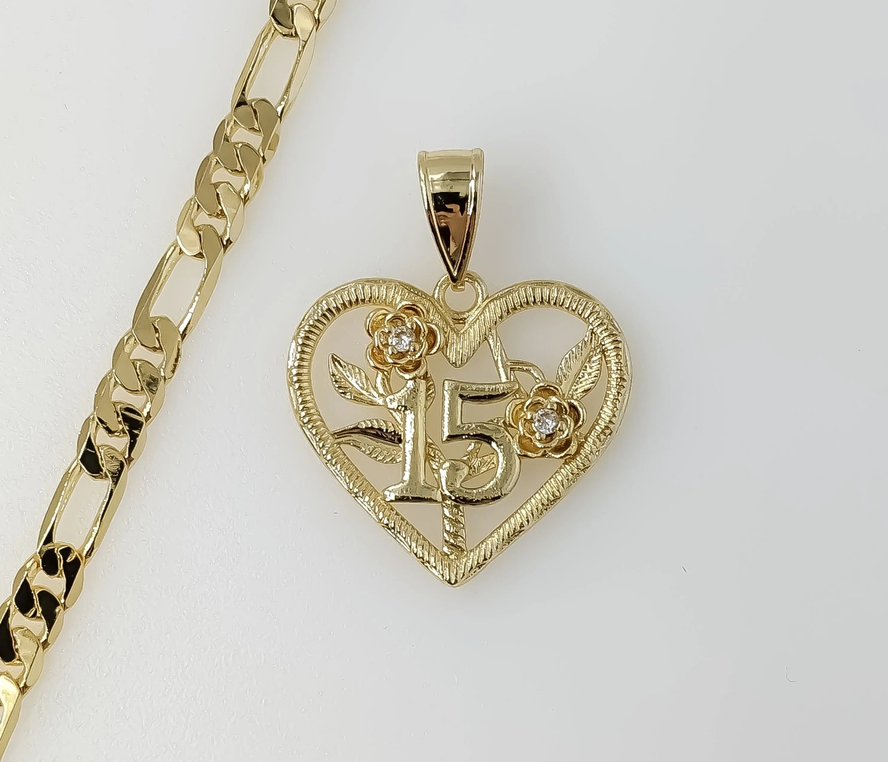 Plated Heart "My 15" Quince 5mm Figaro Chain Necklace