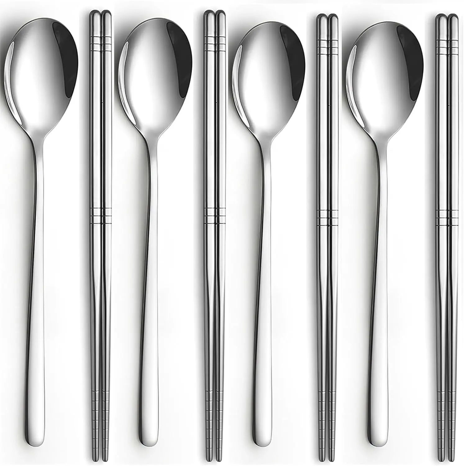 4 Set Korean Chopsticks and Spoons, Stainless Steel Metal Set,  Flat Long Handle Set for Home, Kitchen or Restaurant