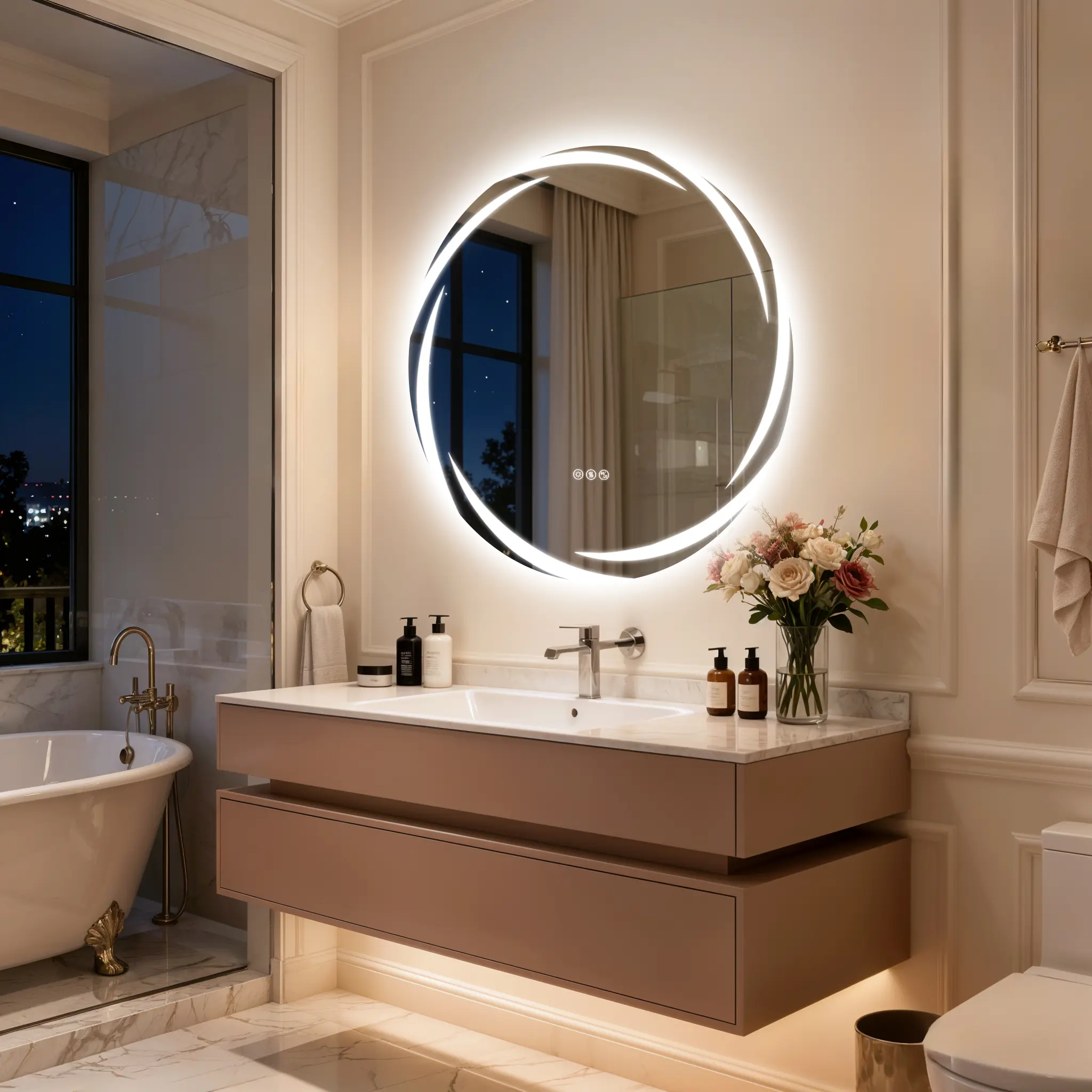 32" Diameter Circle Tempered Glass LED Lighted Mirror - Modern Illuminated Bathroom Wall Mirror with Double Speakers, Bluetooth Audio, Dimming, Memory Recall On, Modern Illuminated Mirror