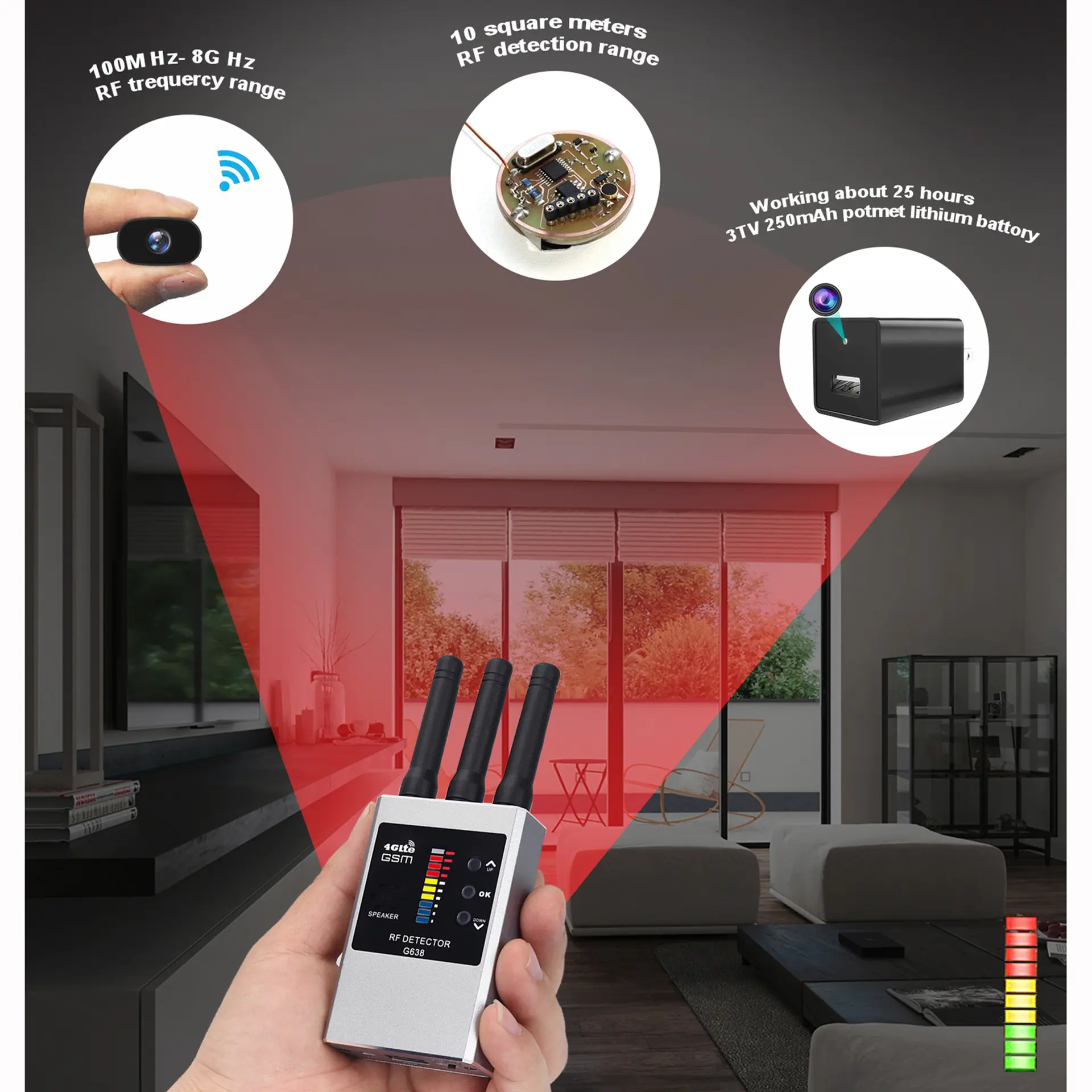 RF Bug Detector Hidden Camera Finder - Anti-Spy Listening Device with Aluminium Alloy Button, for Home & Office Security Monitoring