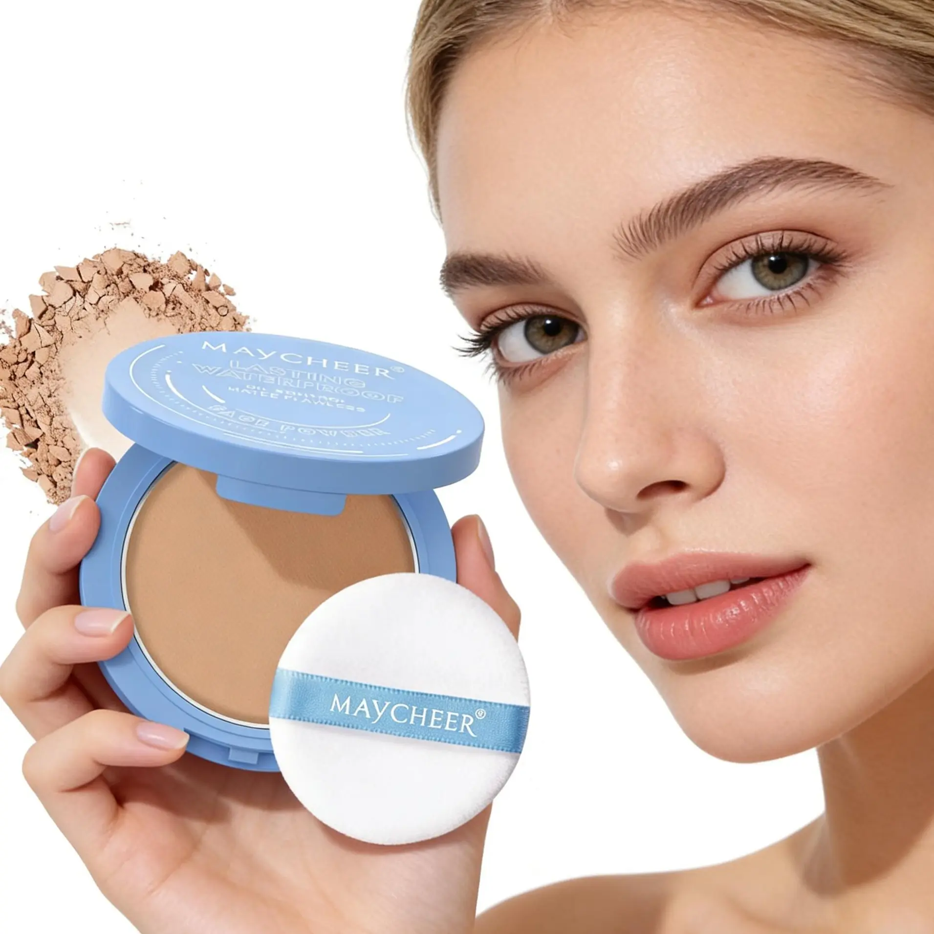 Matte Finish Oil Control Powder Foundation - Long-Lasting, Waterproof, Sweatproof, Lightweight, Breathable, Gentle Daily Makeup with Acne-Friendly, Hyaluronic Acid Moisturizer Benefits, Setting Powder in Compact Box, Hydrating