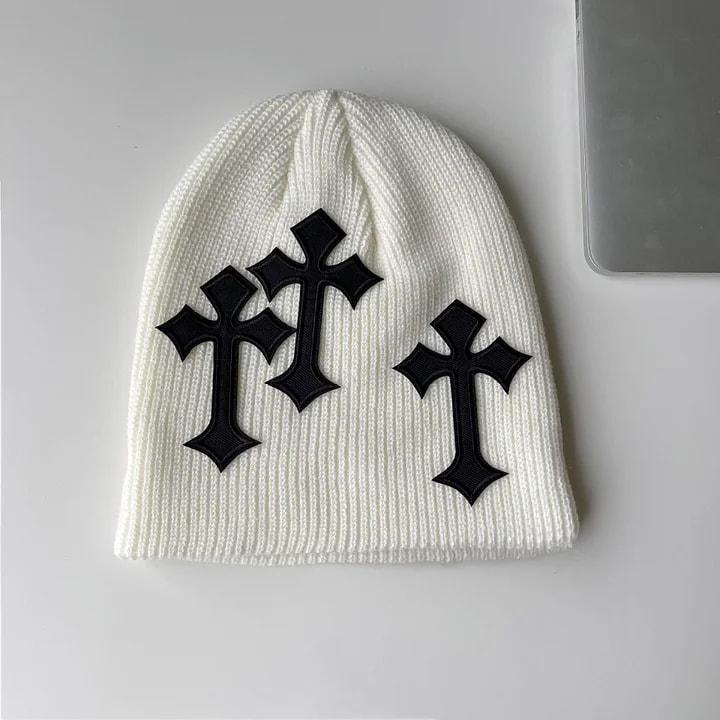 Sopula Studio Men's and Women's 21st Century Style Casual Gothic Cross-Design Knitted Hat Suitable for All Seasons, Embroidered Streetwear Hat