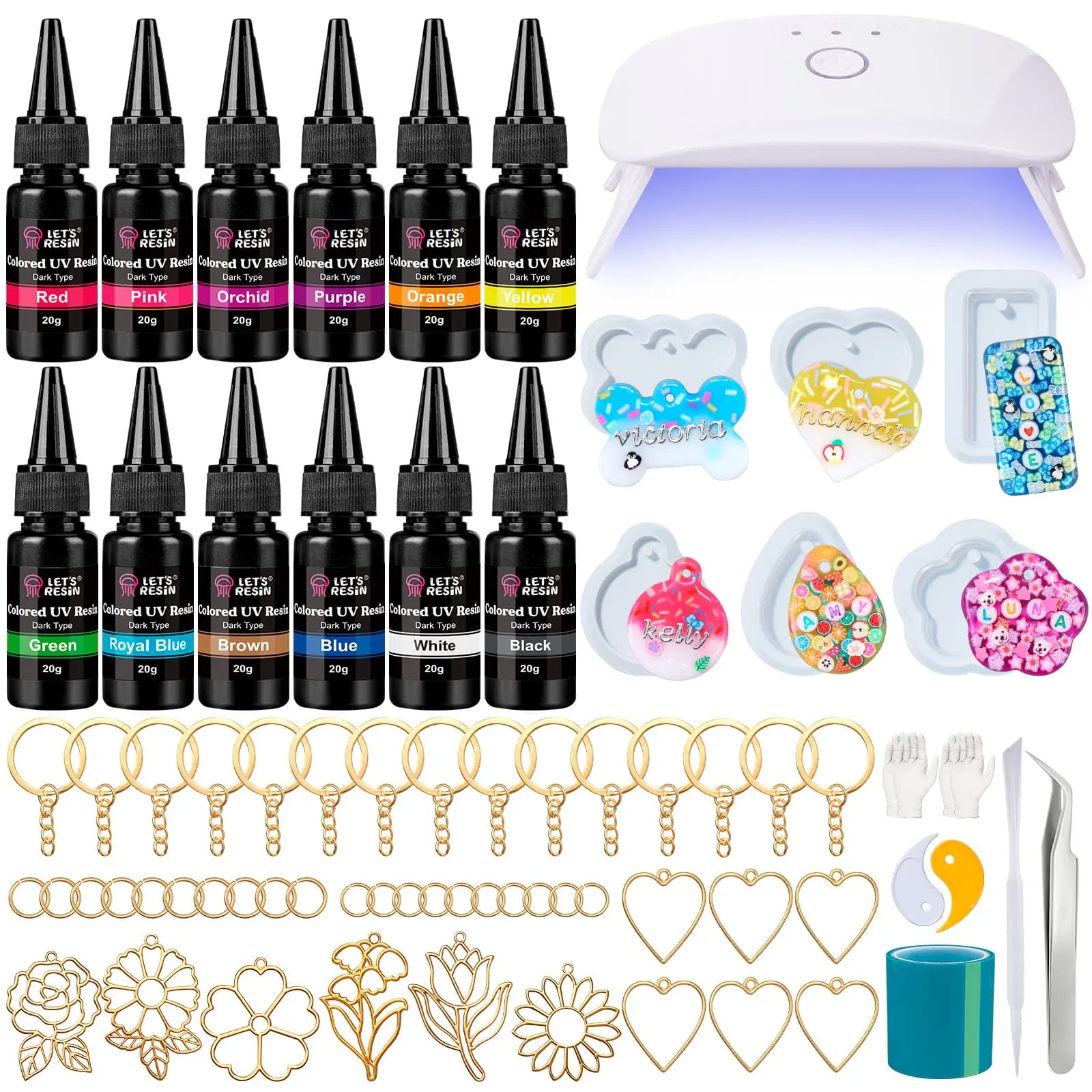 All-Inclusive Keychain Making Kit - LET'S RESIN 12-Color UV Resin, UV Light, Silicone Keychain Molds, 6-Style Flower & Heart Open Bezels, Beginner-Friendly Jewelry Craft Decor, Father's Day Gift, Keychains - LET'S RESIN