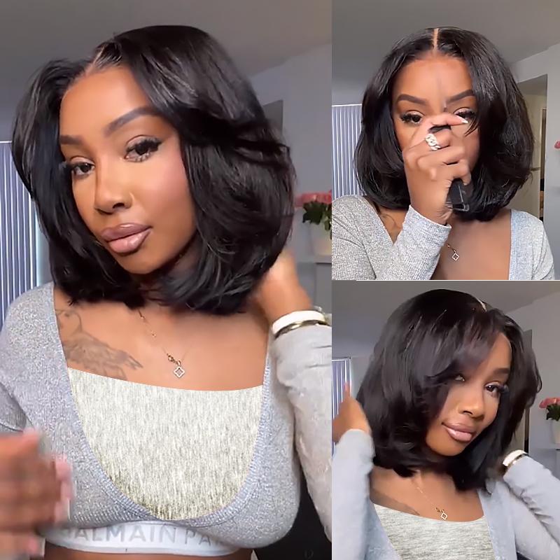 Wiggins Hair Glueless Layered Cut Yaki Straight Bob Wig 7*5 Lace Closure Wigs Human Hair Ready To Go And 99J Bob Wig Pre Plucked Beginner Friendly