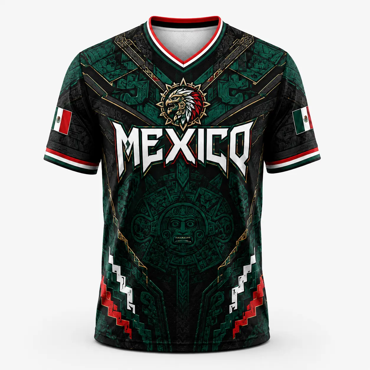 Men’s V-Design Sports T-Shirt - Short Sleeve Casual Sportswear, Aztec Calendar Inspired Eagle Warrior Graphic, Ethnic Athleisure Wear