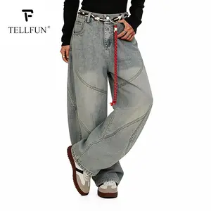 Unisex mid-rise baggy barrel jeans, washed patchwork streetwear denim pants, trendy relaxed fit wide-leg Y2K pants, oversized denim jeans