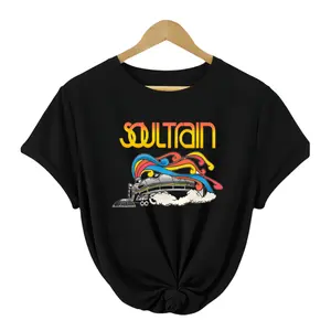 Comfortable Plus Size Soul Train Tee – Colorful Print, Stretchy Polyester Knit, Casual Wear