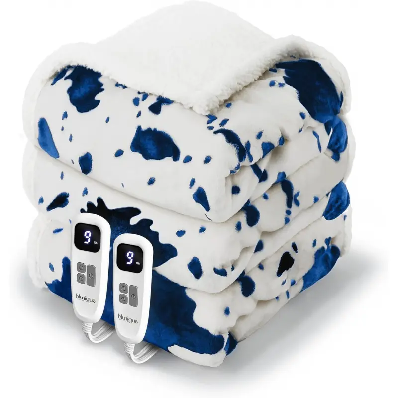 Cow Print Wired Electric Heated Blanket Queen Size (84x90in Blue) - Dual Control, 10 Heat Levels, 10hr Auto-Off, Cozy Soft Fleece Sherpa, Washable, Ideal for Home Decor, Valentine's Day, Housewarming, Seniors, 10 Hours Auto-Off