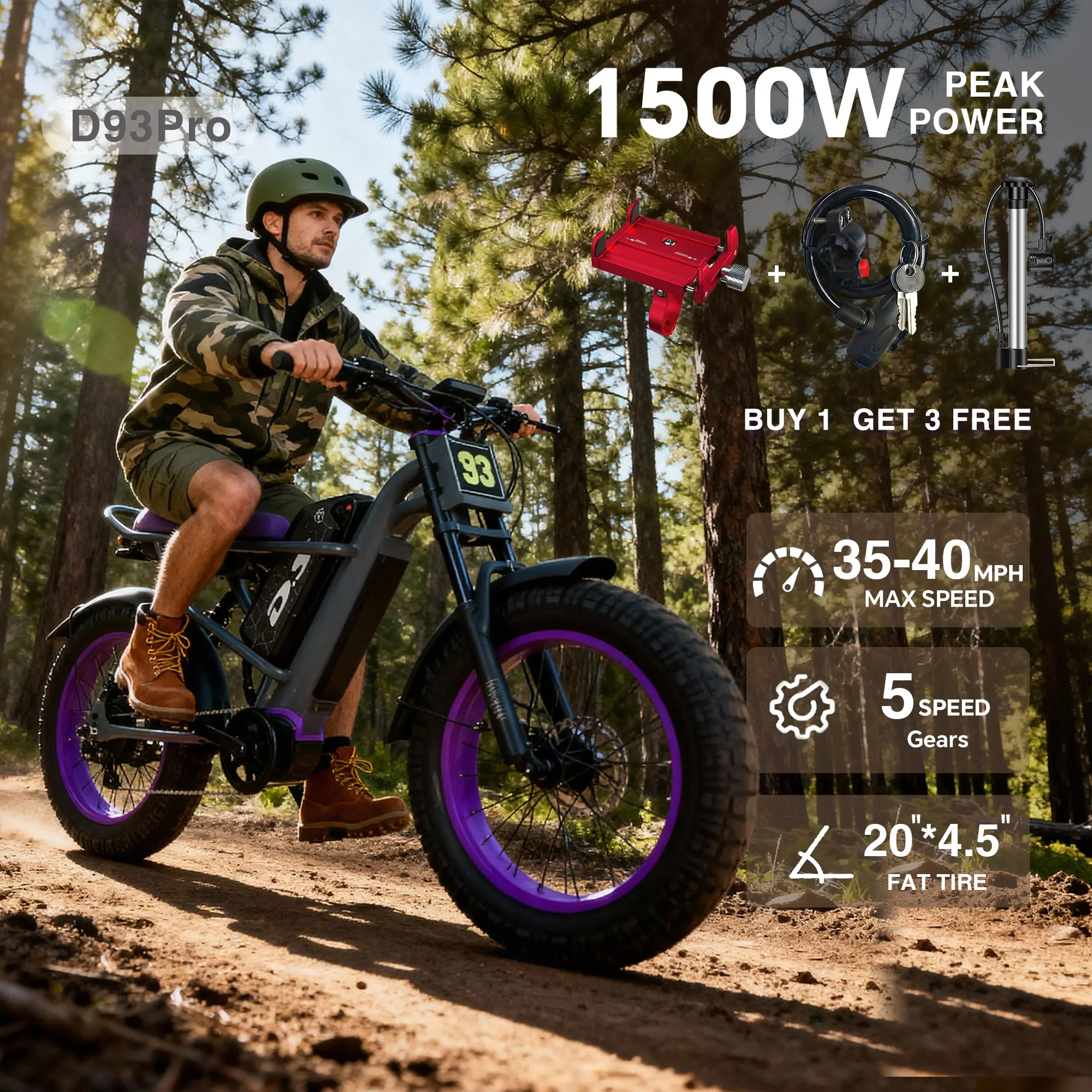 New electric bicycle for spring 2026 adopts a high carbon steel frame, hydraulic shock absorption, full suspension system, maximum speed of 35~40 MPH, 48 volt 1500W motor, riding assistance range of 40-70 miles, 20 * 4.5-inch all terrain tires, snow tires