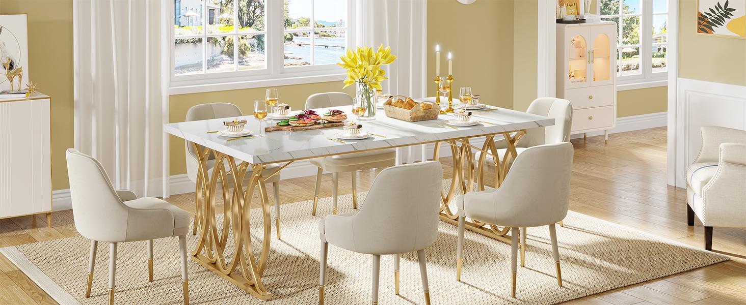 LITTLE TREE 63" Large Rectangular Dining Table - Faux Marble Top, Gold Geometric Legs, Modern Design for 4-6 People LITTLE TREE 63" Large Rectangular Dining Table - Faux Marble Top, Gold Geometric Legs, Modern Design for 4-6 People
