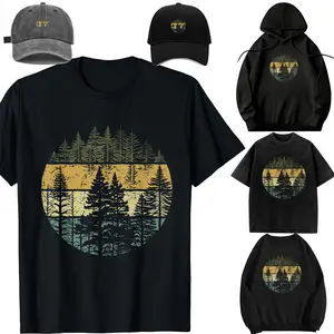 Women's Long-Sleeve Cotton Printed T-Shirt with Hat - Unisex Children's DIY Family Set, Retro Forest Trees Vintage Graphic, Soft Polyester-Linen Garment for Outdoor Wear