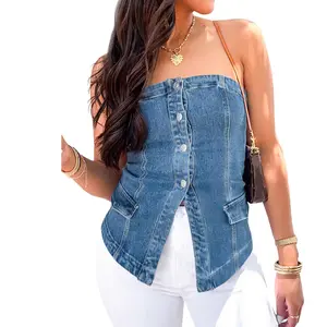 Cicy Bell Women's Strapless Denim Vest Summer Button Down Jean Tube Tops Y2k Going Out Fitted Bandeau Shirts Waistcoat Blue Minimalist Basic Matching Casual