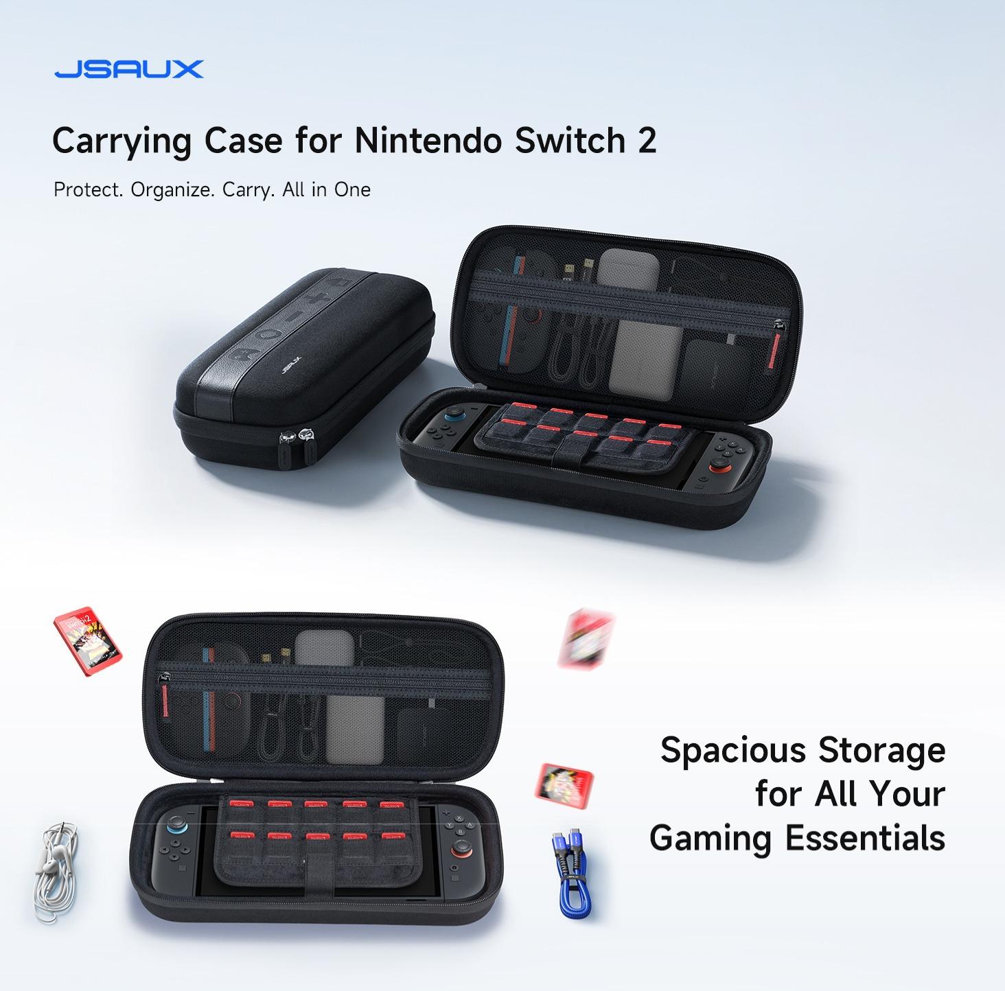 JSAUX Carrying Case for Nintendo Switch 2 (2025), Large Capacity Hard Shell Travel Case with 20 Game Card Slots, Storage Bag for Switch 2 and Accessories | Portable & Durable Protective Shell – Black
