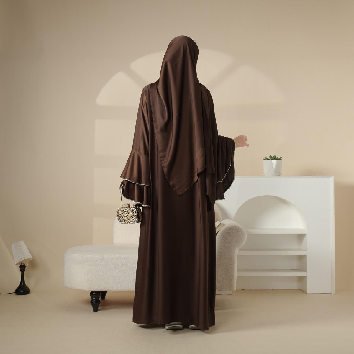 Elegant Satin Crepe Ruffle Sleeve Abaya Set 5-Piece Modest Dress with Belt, Hijab, Inner Dress & Triangle Skirt | Luxurious Full-Length Design, Side Pockets, Customizable Sizes | Perfect for Ramadan, Eid,MOA033 Elegant Satin Crepe Ruffle Sleeve Abaya Set 5-Piece Modest Dress with Belt, Hijab, Inner Dress & Triangle Skirt | Luxurious Full-Length Design, Side Pockets, Customizable Sizes | Perfect for Ramadan, Eid,MOA033