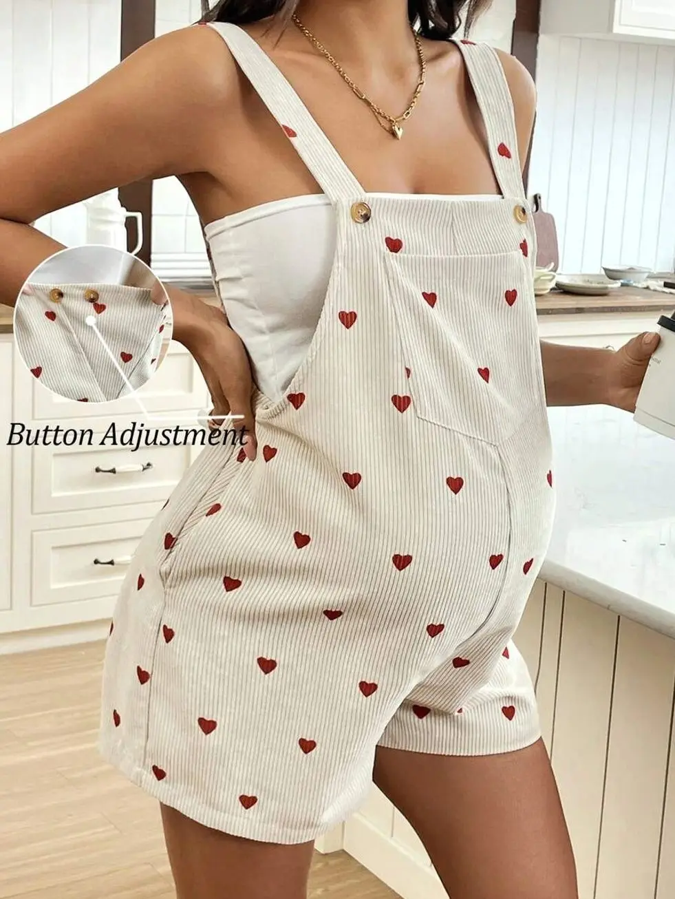 Maternity Corduroy Overalls, Adjustable Straps Heart Print Jumpsuit for Cute Pregnancy Outfits