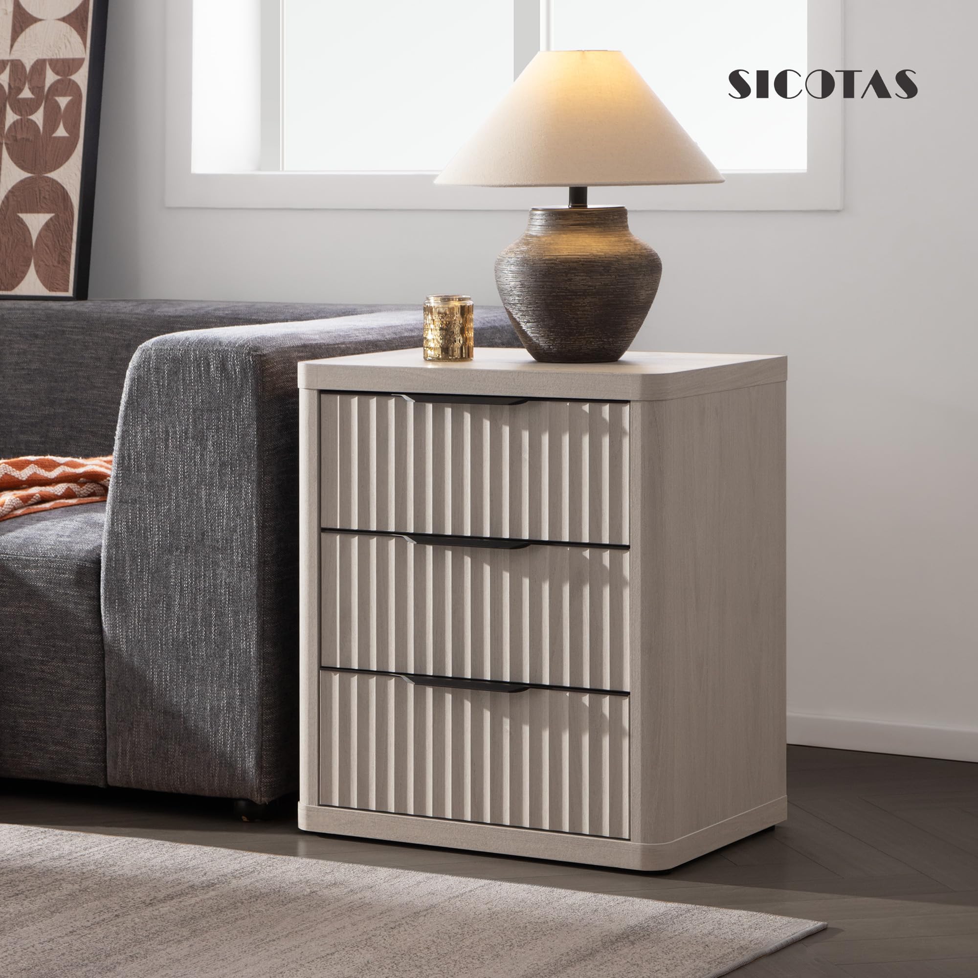 SICOTAS Night Stand Set of 2 Nightstands with 3 Drawers Storage Bedside Table Large Fluted Bed Side End Table Modern 25.6" Tall Wide Mid Century Night Stands for Bedroom Living Room Sofa Couch Office, Minimalist and Practical