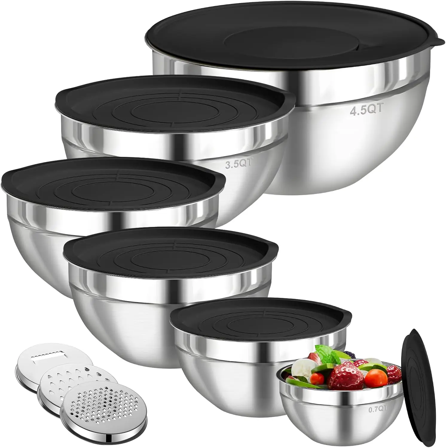 6-Piece Stainless Steel Mixing Bowls Set with Airtight Lids, 3 Graters Attachments, Food Storage Bowl for Kitchen Supplies (4.5QT, 3.5QT, 2.1QT, 1.5QT, 1.1QT, 0.7QT) Nesting Tableware