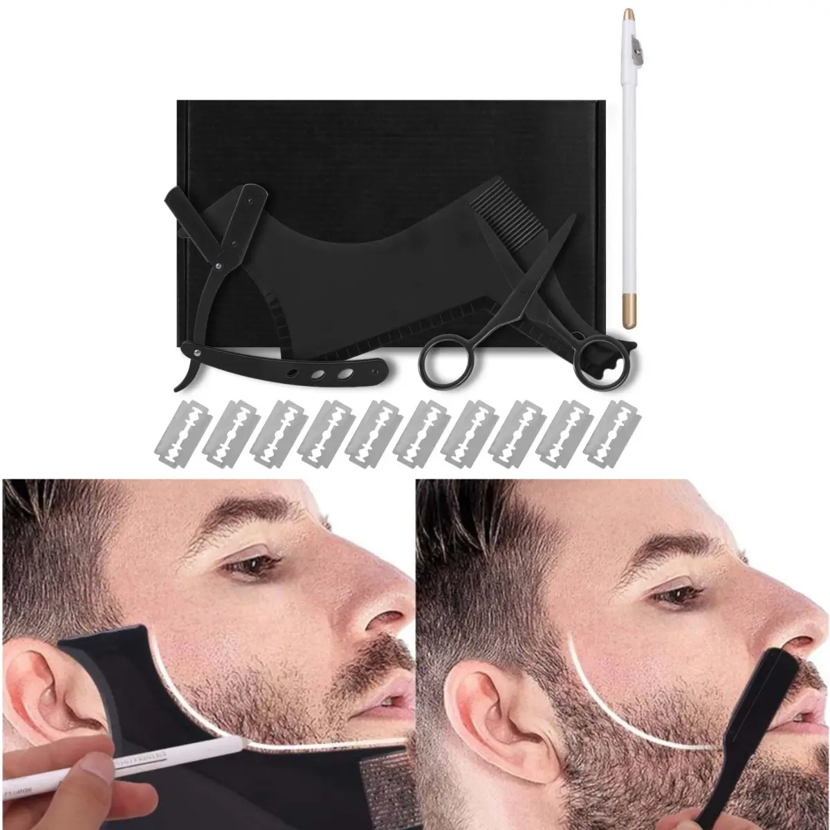 Men's Beard Shaping Tool Kit for Beard Care - Barber Equipment with Professional Straight Edge Razor, Shaping Template Guide, 10 blades incl., Barber Pencil, Stainless Steel Scissors