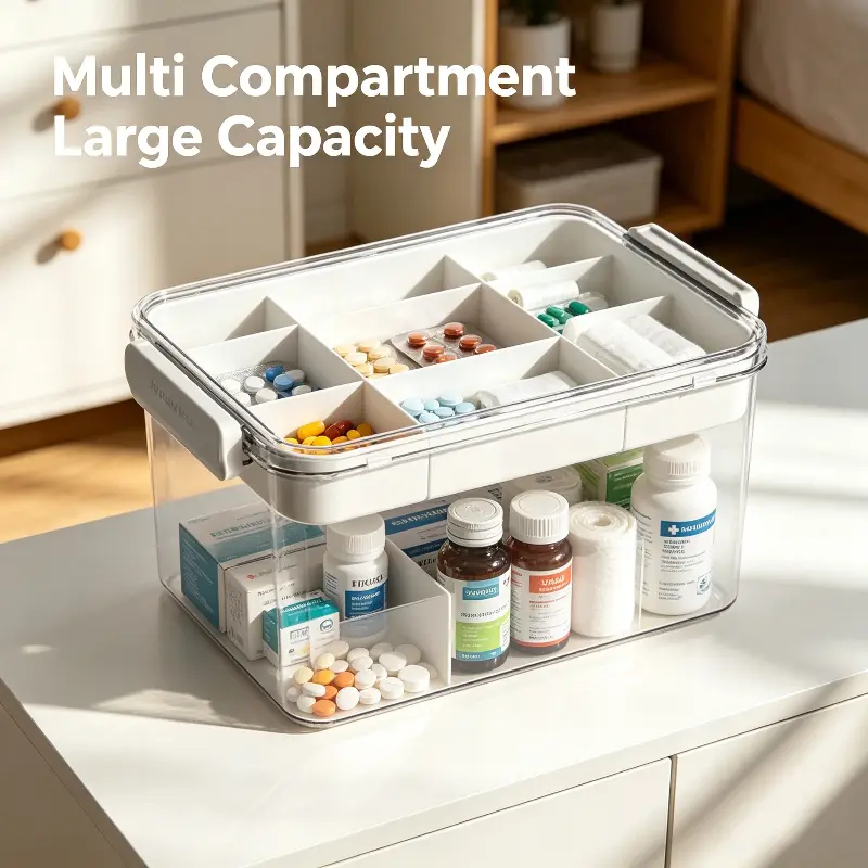 Clear Medicine Storage Box with Handle. Portable transparent storage tool for household sundries and pills, durable daily organizer and delicate practical holiday gift