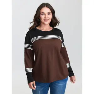 【Summer Turn-Up】BLOOMCHIC Plus Size Stretchy Colorblock Textured Striped T-Shirt [M-6X] 2026 Summer Vibes Fit Long Sleeve Swimweek