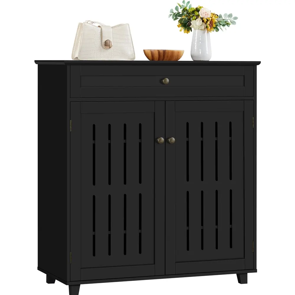 Costoffs 4-Tier Rectangular Painted MDF Shoe Rack Organizer Cabinet - Smooth Metal Rack, Drawer, Adjustable Shelves, Louvered Doors, Wall Mount, Anti-Tip Units, 31in L×15in W×34in H for Entryway, Closet Storage, Reinforced Frame, Floor-Based Hallway Furni