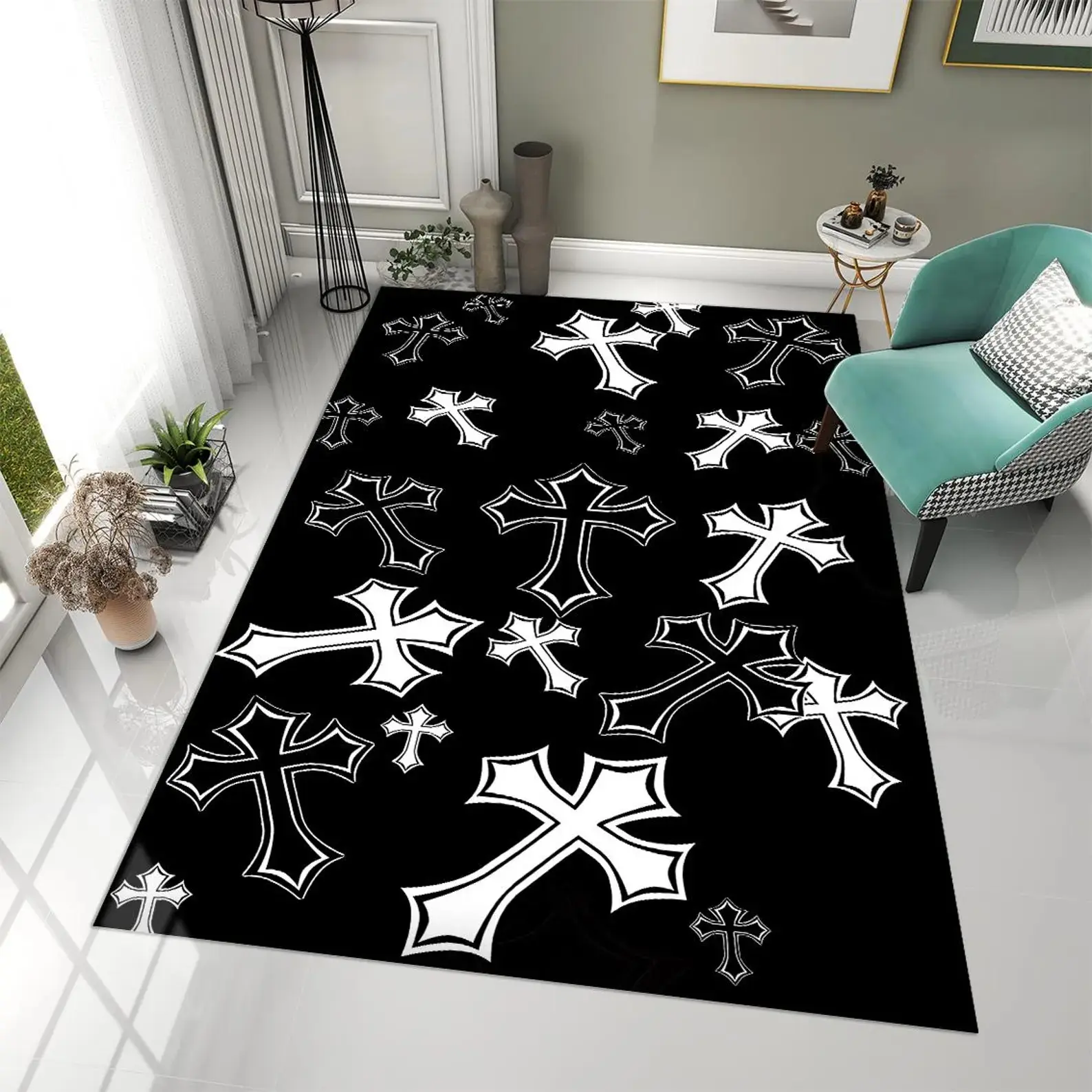 Gothic Cross Pattern Area Rug - Chrome Hearts Inspired Hypebeast Carpet for Black and White Symmetrical Man Cave Decor