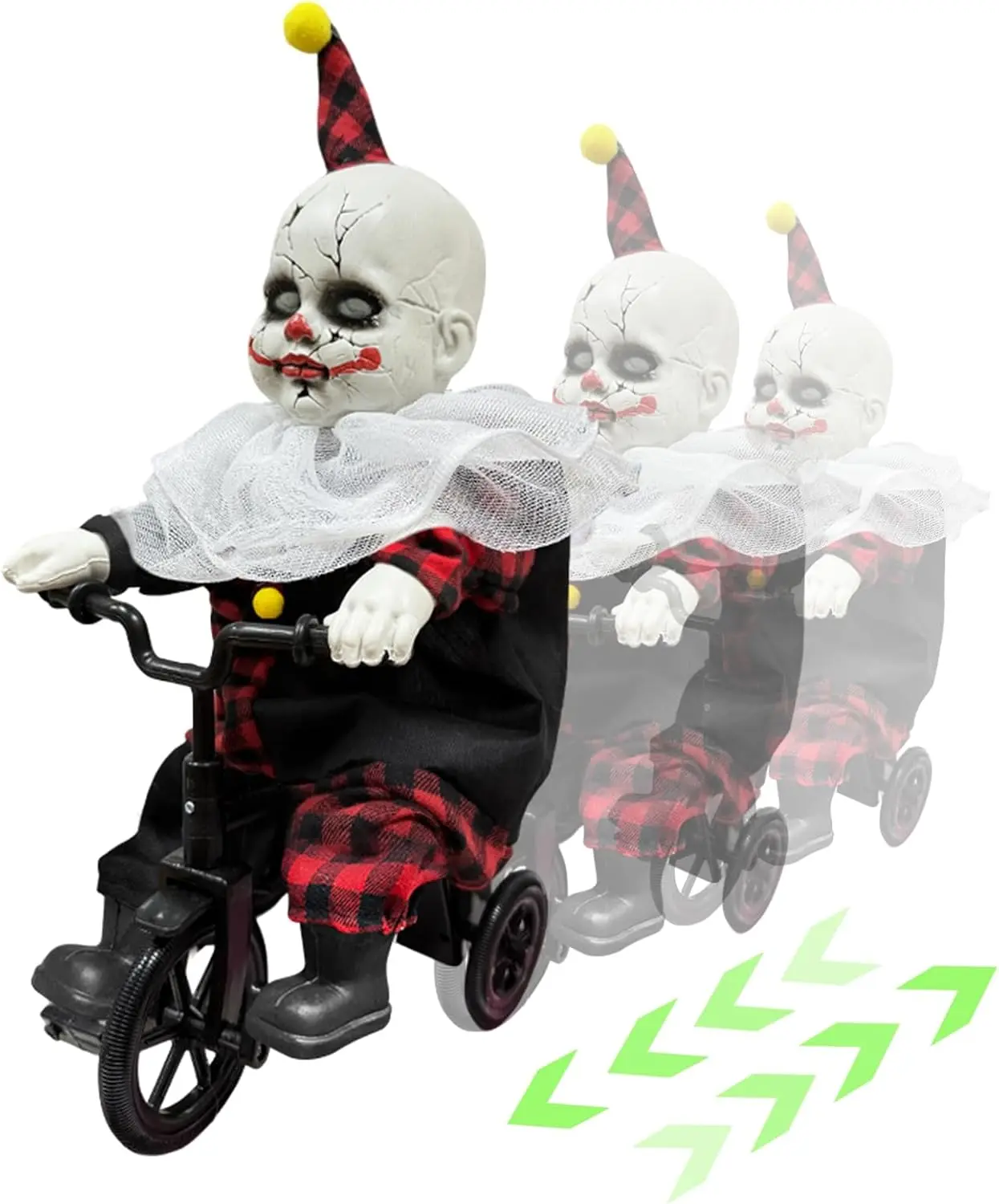 Halloween Animatronic 15.5” Clown Ride on Bicycle Moving Back and Forth | Sound Activated Spooky Talking Halloween Decoration Indoor for Haunted House, Party, Storefront