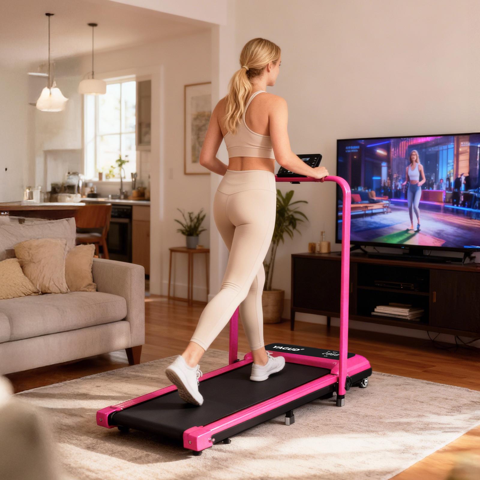 【New Arrival】YAGUD Electric Folding Treadmill with Handrail, Low-Noise Motor – 265lbs Weight Capacity Spacious Belt Walking Pad, Dual Shock Absorption, Remote Control & Wheels for Easy Moving – Includes Free Resistance Bands and Remote SpringStatements