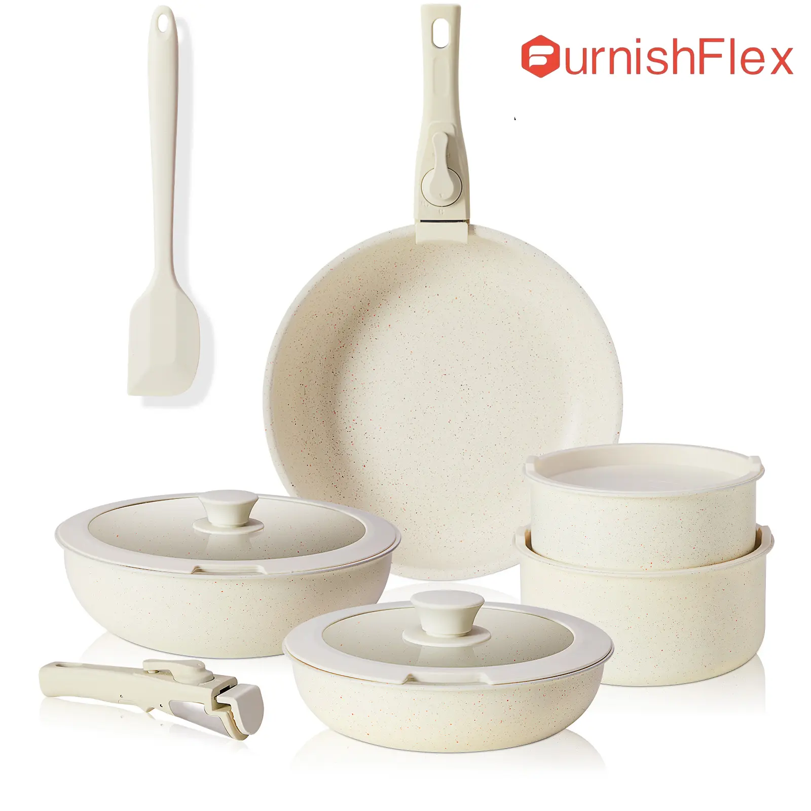 12 Pcs Pots and Pans Set Nonstick - Kitchen Cookware Set with Detachable Handle, Induction Cookware, Dishwasher Oven Safe, Beige
