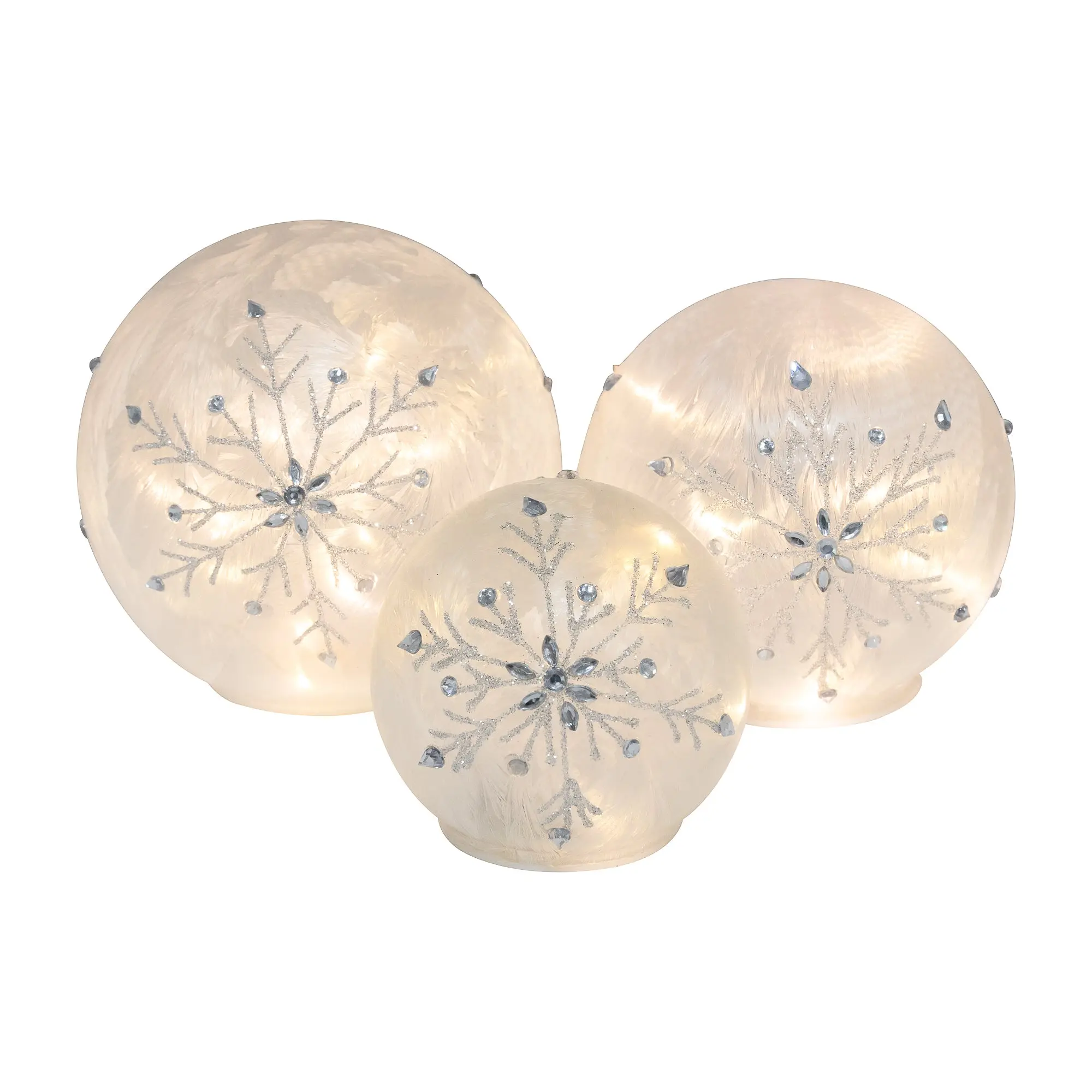 LumaBase 3-Piece Round Battery-Powered Glass Snowflake Globes - 6" Diameter, Silver Glitter & Gem Designs, Warm Light LED Fairy Lights Strings, 6-Hour On Timer, Tabletop Christmas Holiday Decor