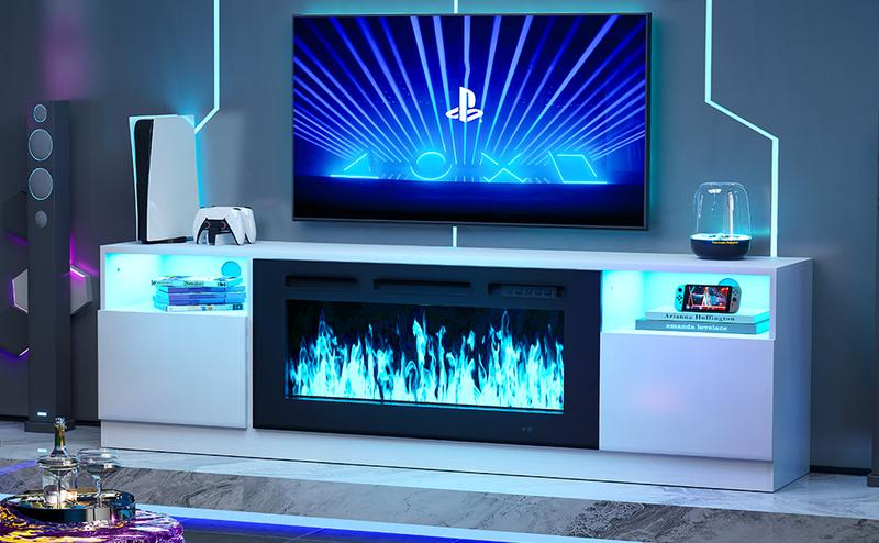 【2 Packages Shipping】oneinmil 70" TV Stand with 36" Electric Fireplace Modern Media Entertainment Center White Black Storage Cabinet 12 LED Colors for TVs Up to 80"