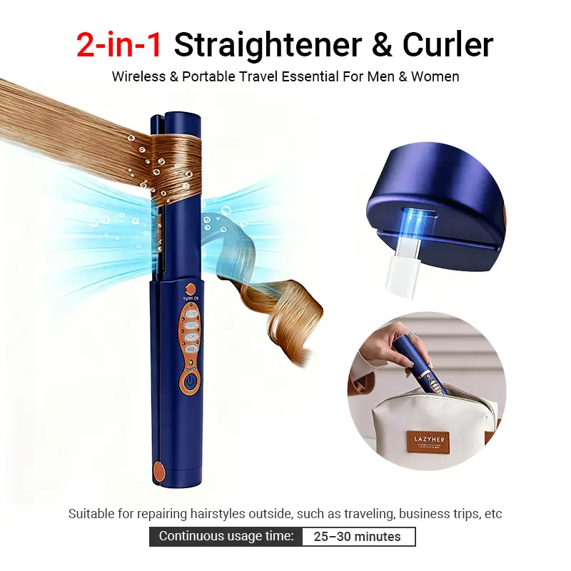 Qawtor Cordless Mini Titanium Flat Iron - 2-in-1 Styling Tool (Smooth Straightening Curly Hair & Curls), 5000mAh Wireless Hair Tool, Fast-Heating Up to 210°C/410°F, Mini Travel On-the-Go Accessory, Women's Gifts,Dorm essentials, tiktokshopbacktoschool