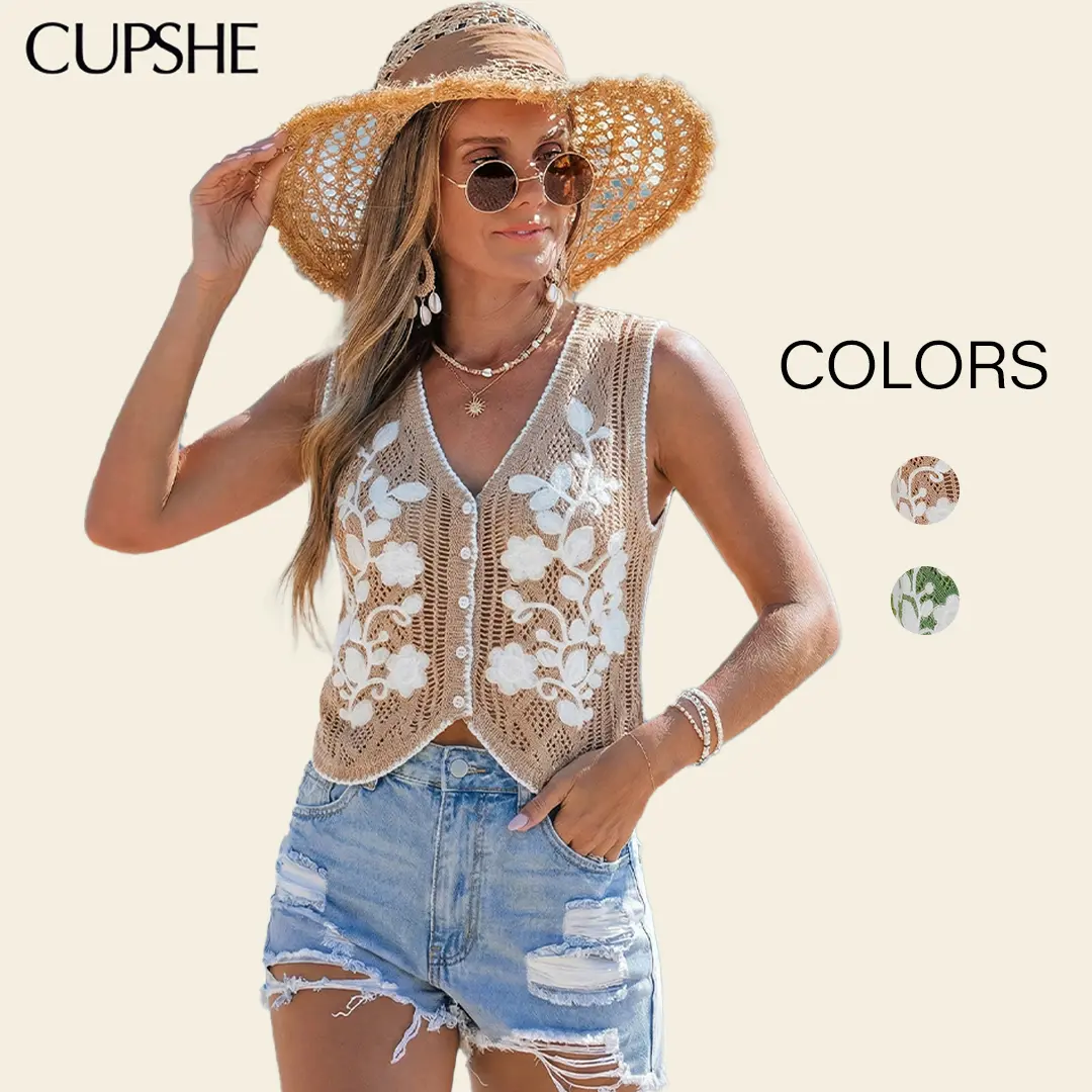 CUPSHE Women's Floral Knit Sweater Vest, Casual V-Neck Sleeveless Pullover for Everyday Layering, Knitting