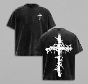 Men’s Christian Cross Oversized Tee – Vintage Washed Drop Shoulder Pullover Style Streetwear Shirt