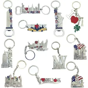 12 Pack Silver NYC Souvenir Collection New York Metal Keychain Ring Bundle Bulk Includes Empire State, Freedom Tower, Statue Of Liberty, USA Flag,NY Cab, Apple, 3 Pc Bottle Opener