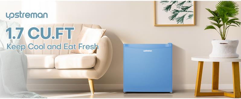 Upstreman mini fridges 1.7 Cu Ft with Freezer FR17 Adjustable Thermostat Energy Saving Low Noise Single Door Compact Refrigerator for Dorm Office Can Bedroom blue fridge mini  brands Small pantry drink fridge skincare fridge Portable