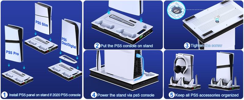 PS5 Stand and Cooling Station with Controller Charging Station for PS5 Slim/PS5/PS5 Pro, PS5 Accessories Incl,3 Levels Cooling Fan, 3 USB Hub, Headset Holder, Media Slot for PS5 Slim&PS5 Disc/Digital Console