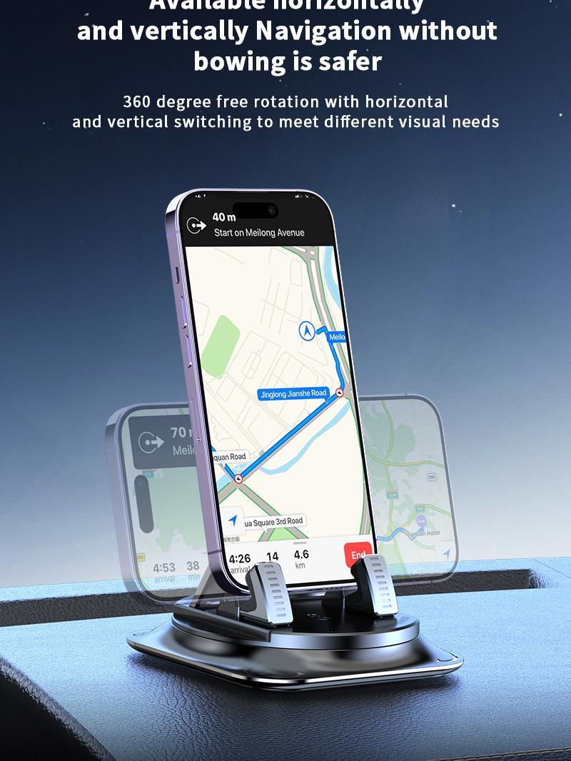 Car phone holder 360 degree rotation, suitable for car navigation in-car dashboard, horizontal and vertical screen adjustment angle, suction cup fixed non-slip mobile phone holder suitable for iPhone and Android
