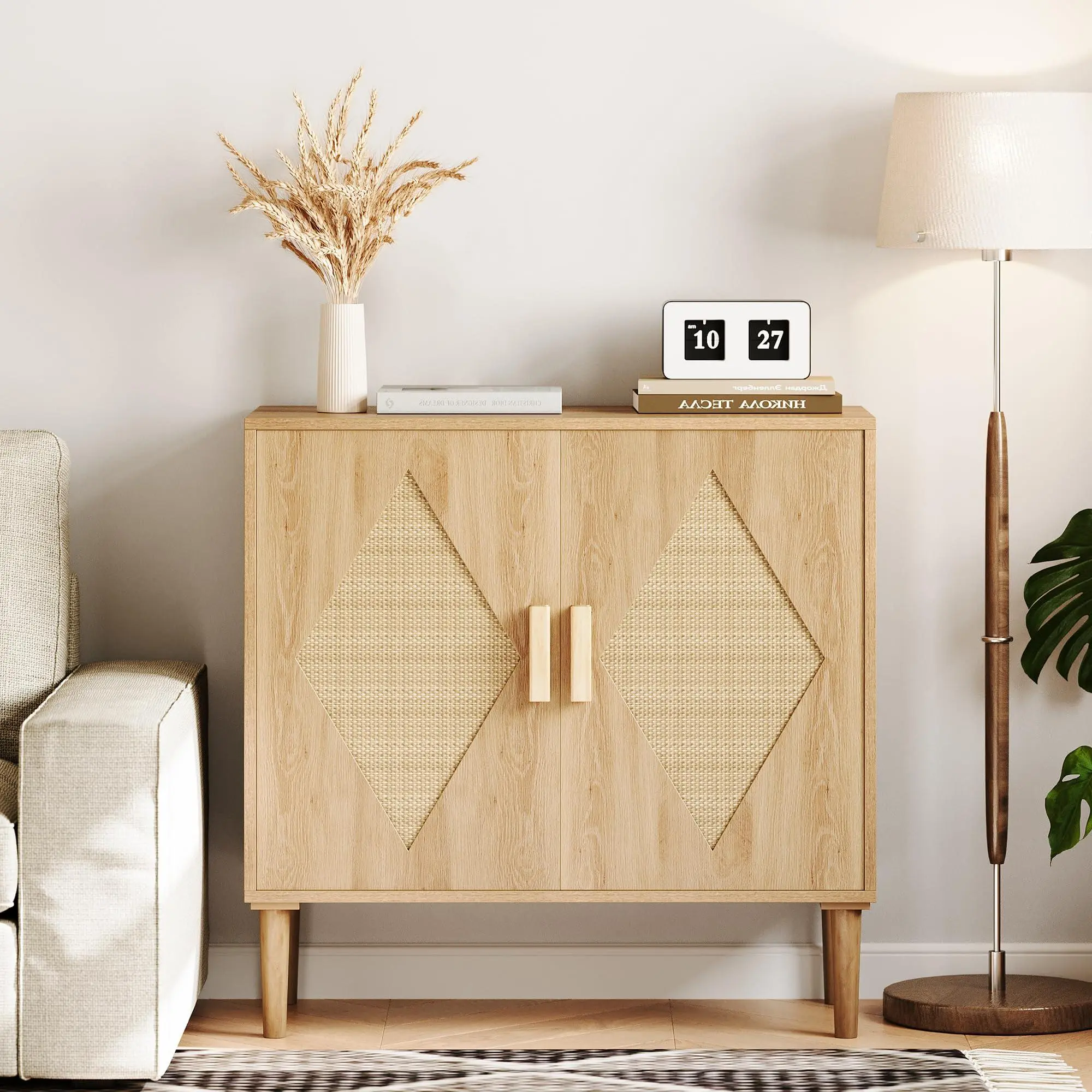 Natural Wooden Sideboard Buffet Furniture, 31.5”W x 15.7”D x 34.6”H Storage Cabinet with Doors, Adjustable Shelf & Ample Space