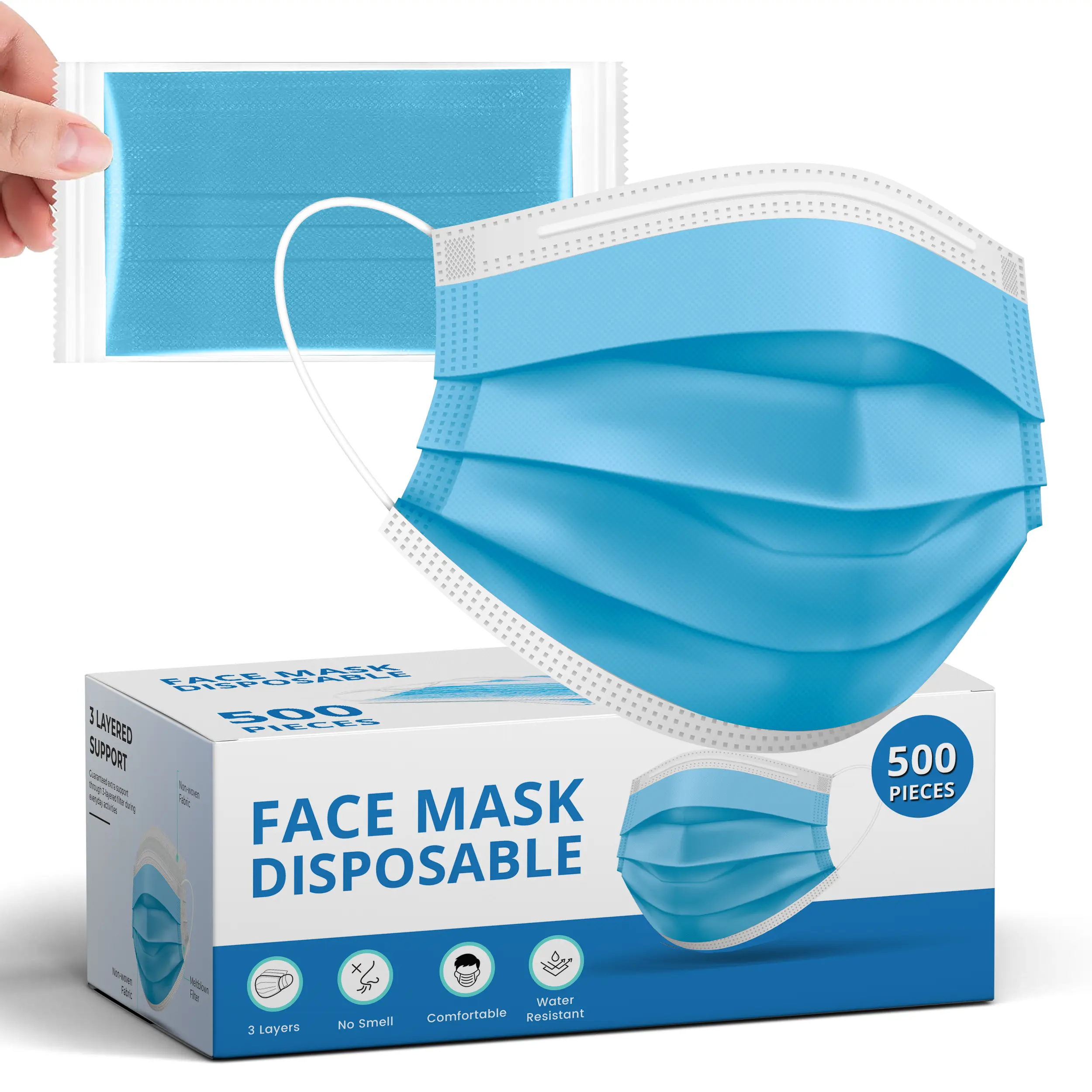 Disposable Face Masks 50/100/200/500 Pack – 3 Layer Breathable Earloop Face Cover for Men & Women, Soft Comfortable Daily Use Masks