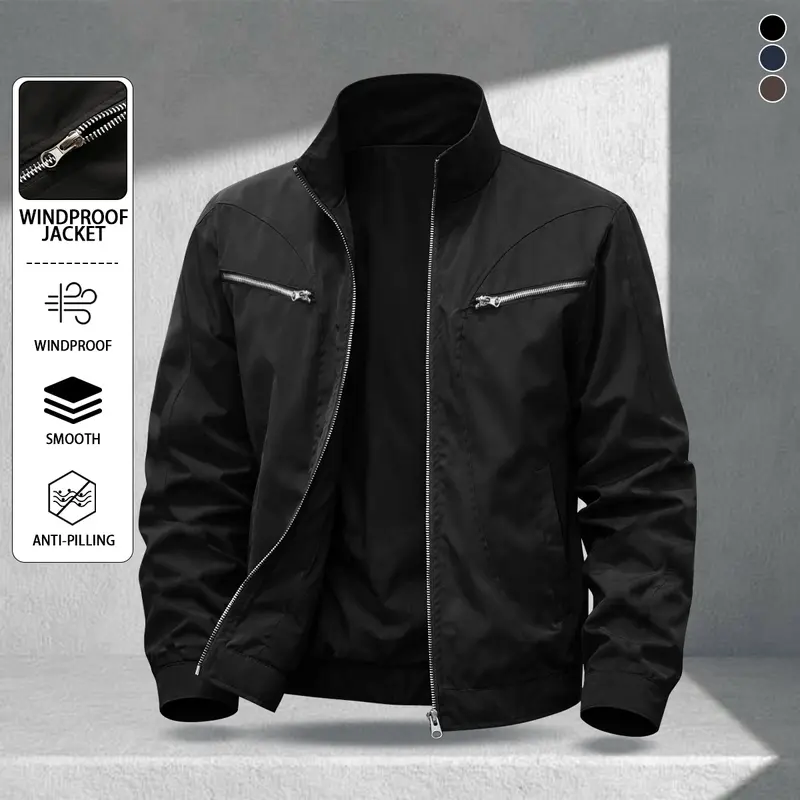 Men's multi-color stand-up collar zipper pocket jacket, scratch-resistant and wear-resistant light and thin fabric, retro commuter style, daily street, workplace leisure adaptation, simple and versatile trend