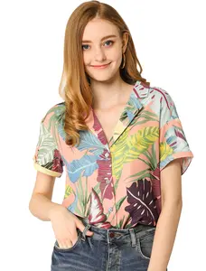 INSPIRE CHIC Hawaiian Shirt Floral Leaves Printed Short Sleeve Top Button Down Shirt