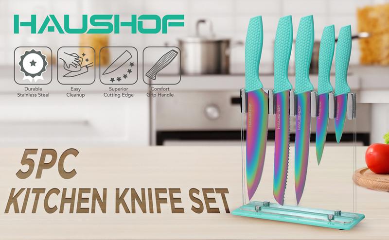 #JumpstartSale HAUSHOF Kitchen Knife Set, 5 Pieces Rainbow Knife Sets with Arcylic Block, Sharp Green Knives Set for Kitchen, Stainless Steel Knives Set with Ergonomic Handle, Great for Slicing, Dicing&Cutting