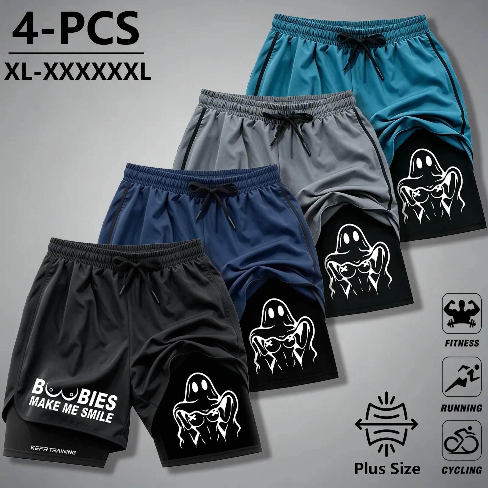 Men’s 4pack plus size double layer anti-chafing fitness shorts; fun nun print shorts; compression inner layer; drawstring waistband; athletic training bottoms; towel loop at the back; street style shorts; men’s set; slim ultra short men’s shorts